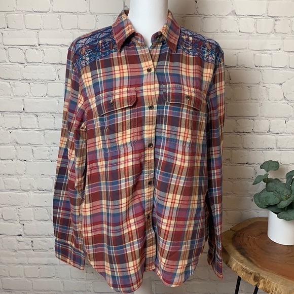 Chaps Flannel Top with Embroidery Detail on Shoulders - Picture 2 of 13